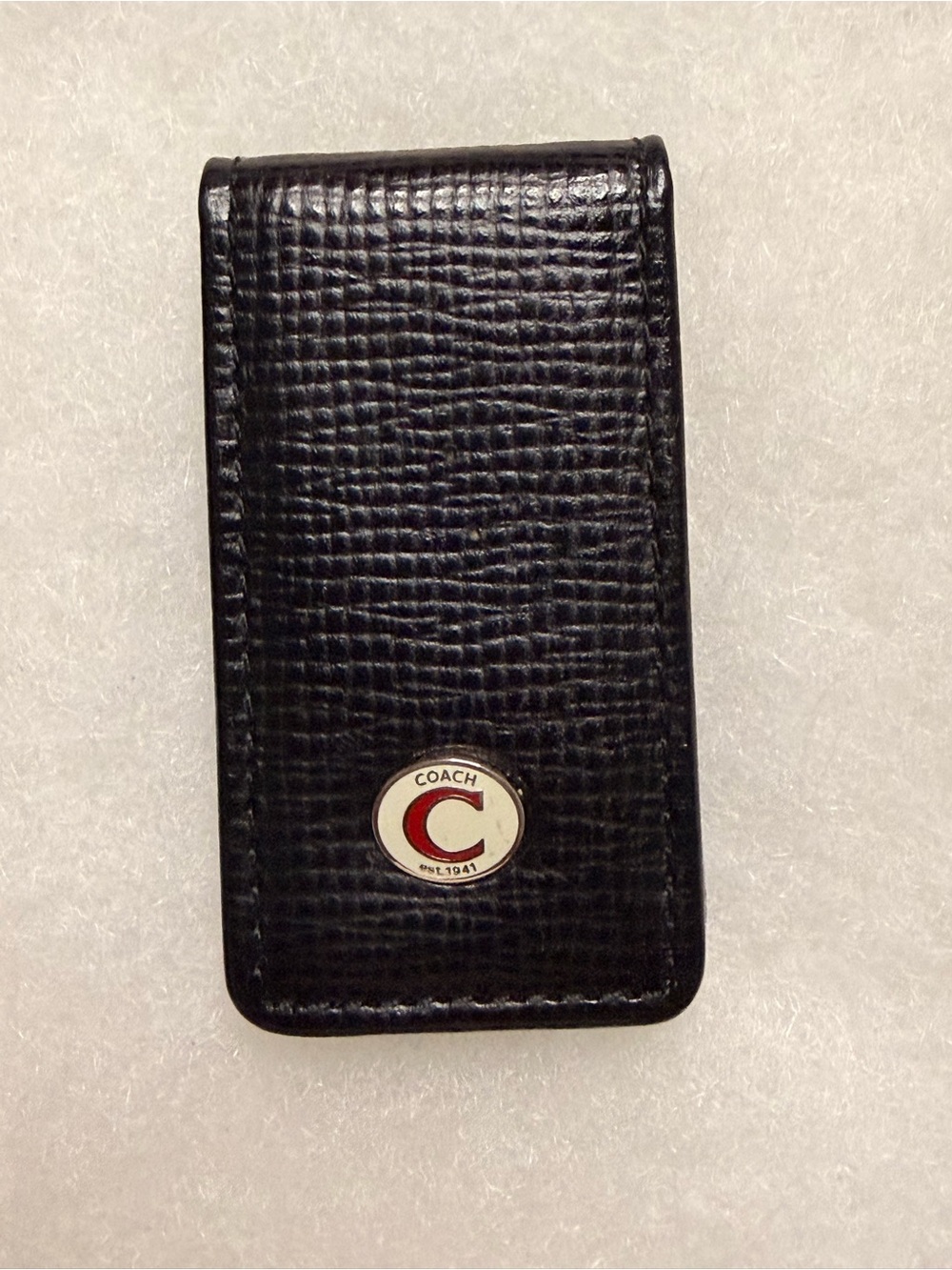 Vintage Coach Black Leather Money Clip with Red 'C' Logo